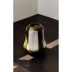 Mid-Century Gradient Glaze Ceramic Vessel in Cream and Olive — in a room setting