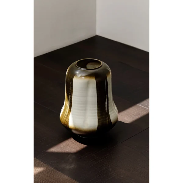 Mid-Century Gradient Glaze Ceramic Vessel in Cream and Olive — in a room setting