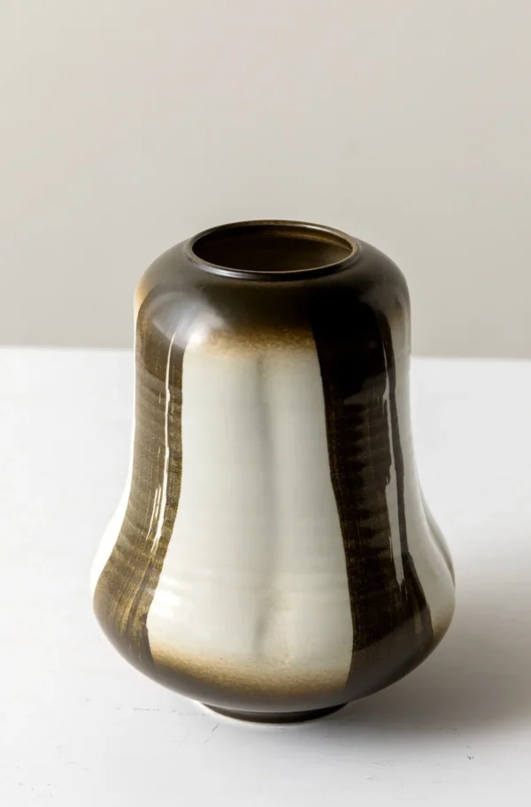 Mid-Century Gradient Glaze Ceramic Vessel in Cream and Olive — in a room setting