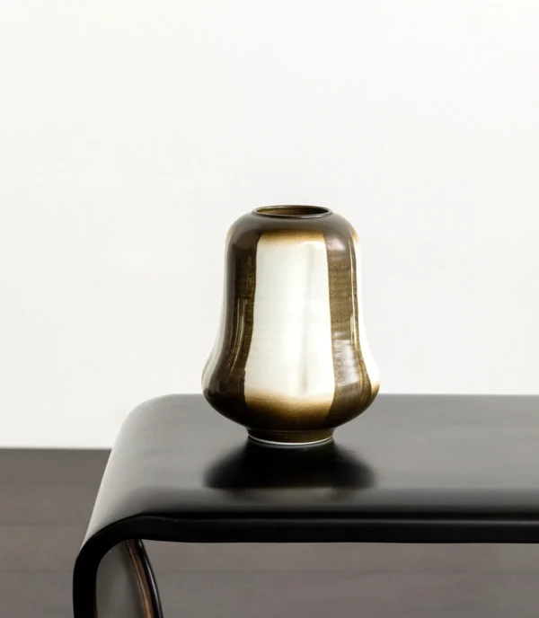 Mid-Century Gradient Glaze Ceramic Vessel in Cream and Olive — in a room setting