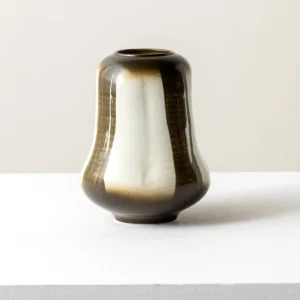Mid-Century Gradient Glaze Ceramic Vessel in Cream and Olive — in a room setting