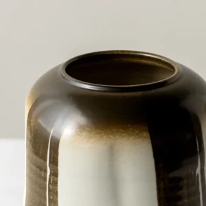 Mid-Century Gradient Glaze Ceramic Vessel in Cream and Olive — in a room setting