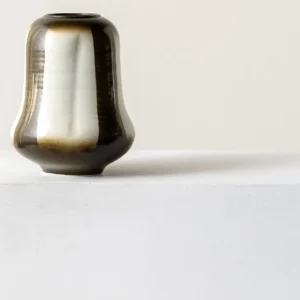 Mid-Century Gradient Glaze Ceramic Vessel in Cream and Olive — in a room setting