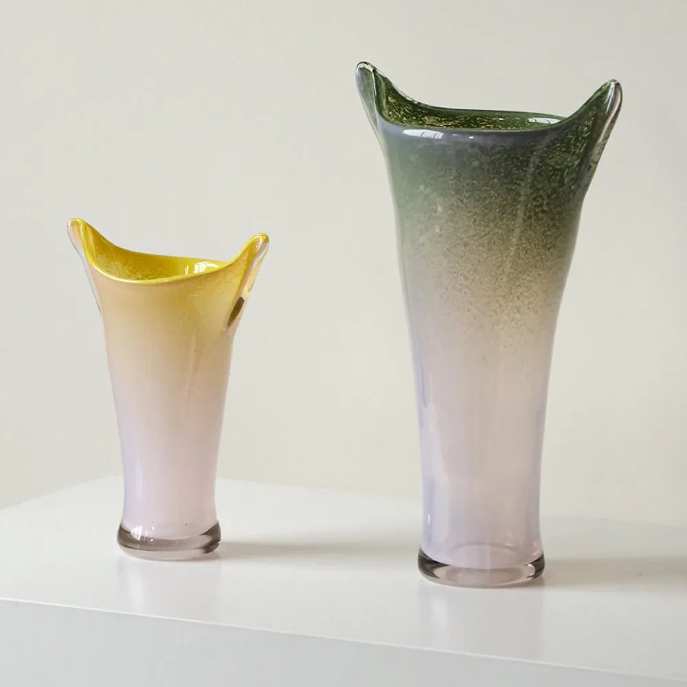 Gradient Cast Glass Cat-Ear Vases in Spring Yellow or Green — front view