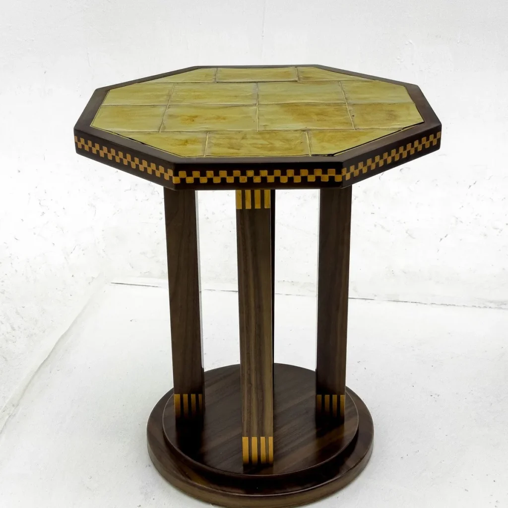 Mid-Century Octagonal Inlaid Side Table in mustard — front view
