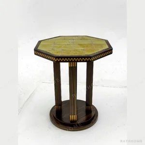 Mid-Century Octagonal Inlaid Side Table in mustard — in a room setting