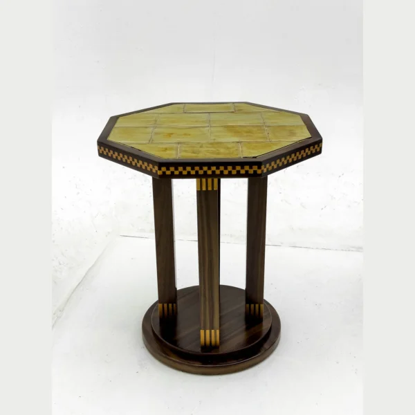 Mid-Century Octagonal Inlaid Side Table in mustard — in a room setting