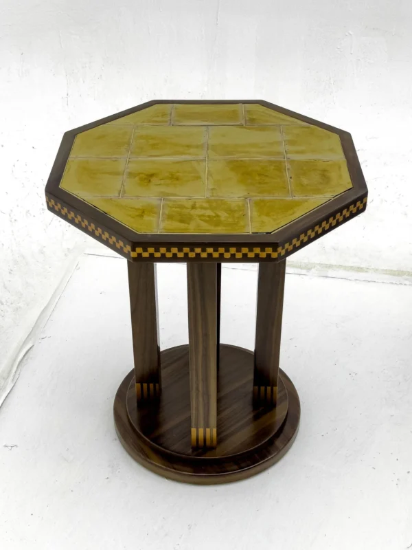 Mid-Century Octagonal Inlaid Side Table in mustard — in a room setting