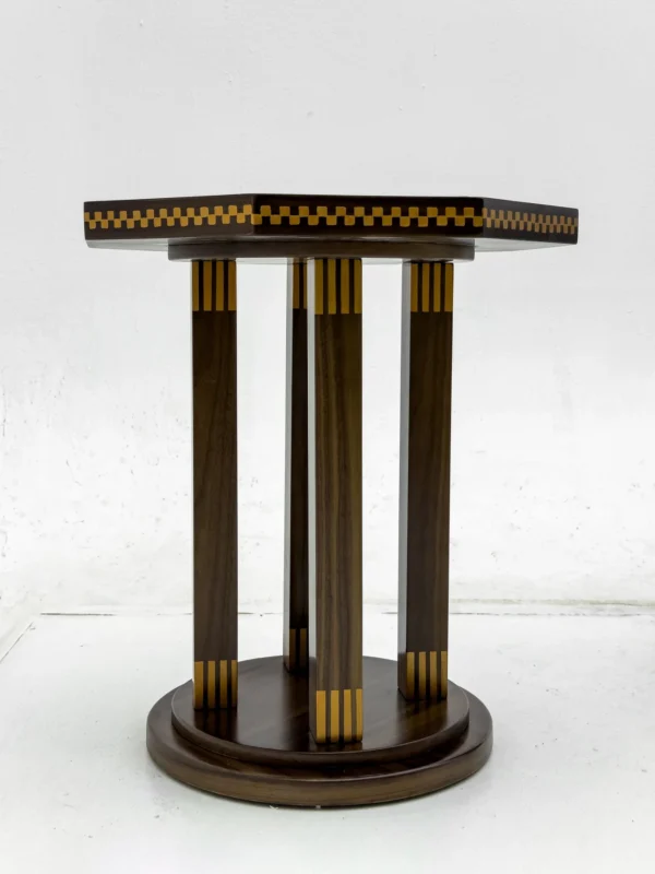 Mid-Century Octagonal Inlaid Side Table in mustard — in a room setting