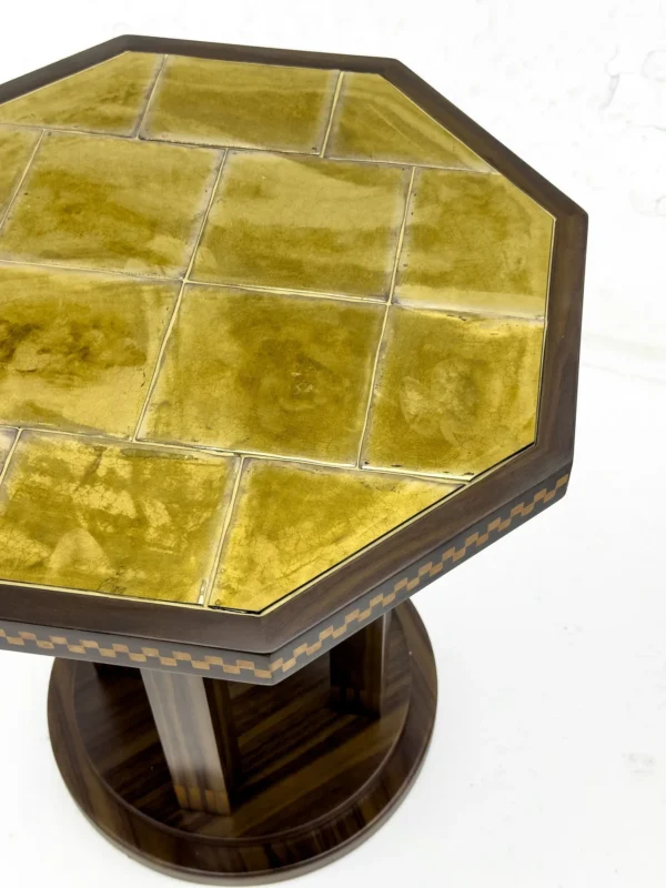 Mid-Century Octagonal Inlaid Side Table in mustard — in a room setting