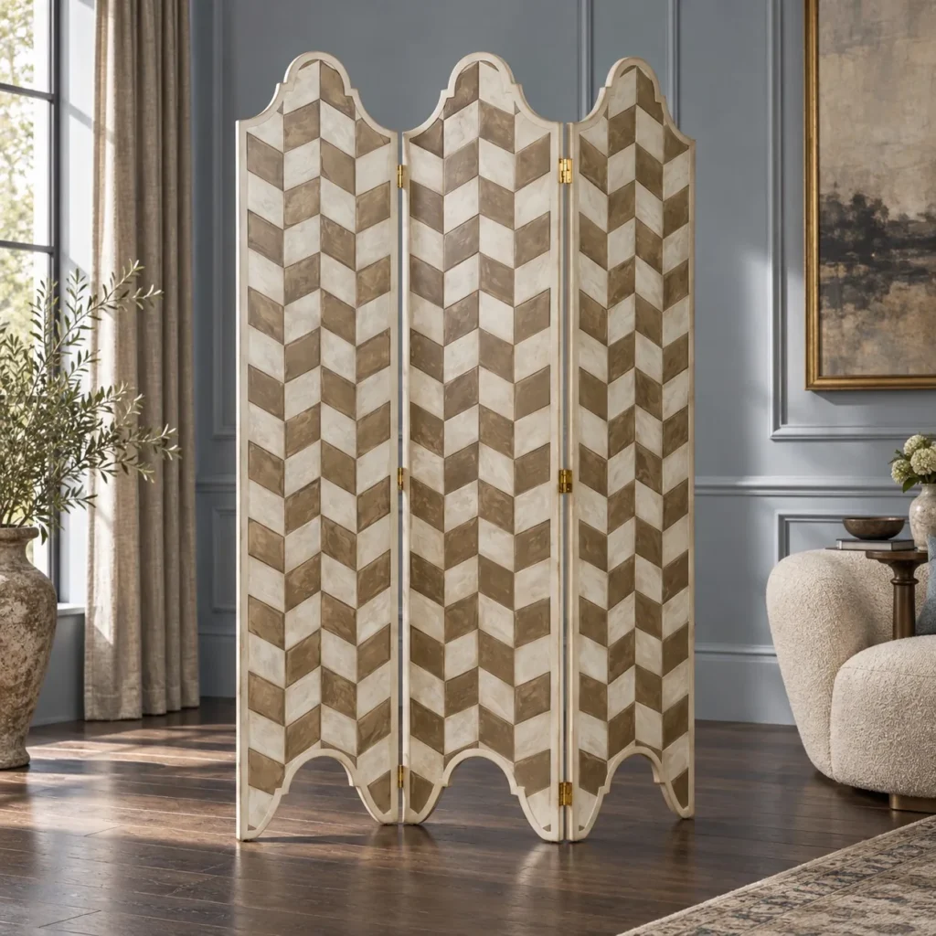 Herringbone Parchment Scalloped Folding Screen in sand — front view
