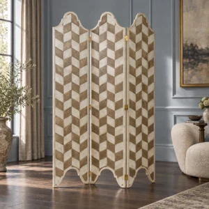 Herringbone Parchment Scalloped Folding Screen in sand — front view