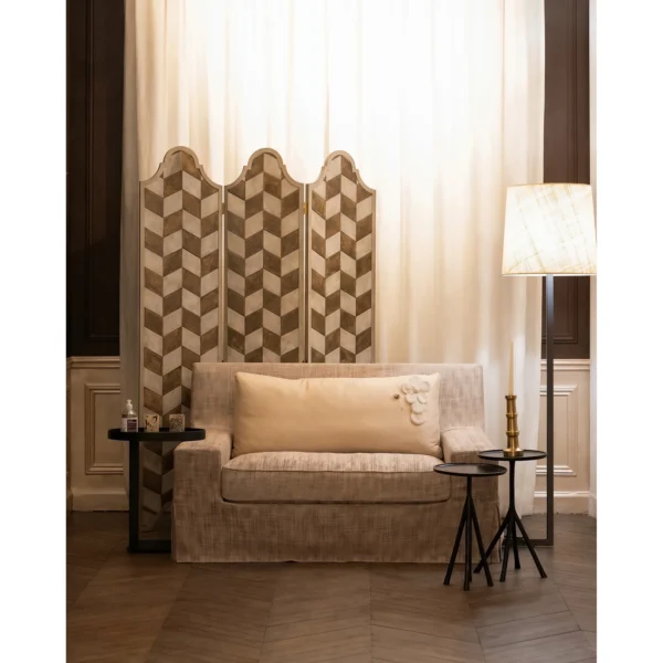 Herringbone Parchment Scalloped Folding Screen in sand — in a room setting