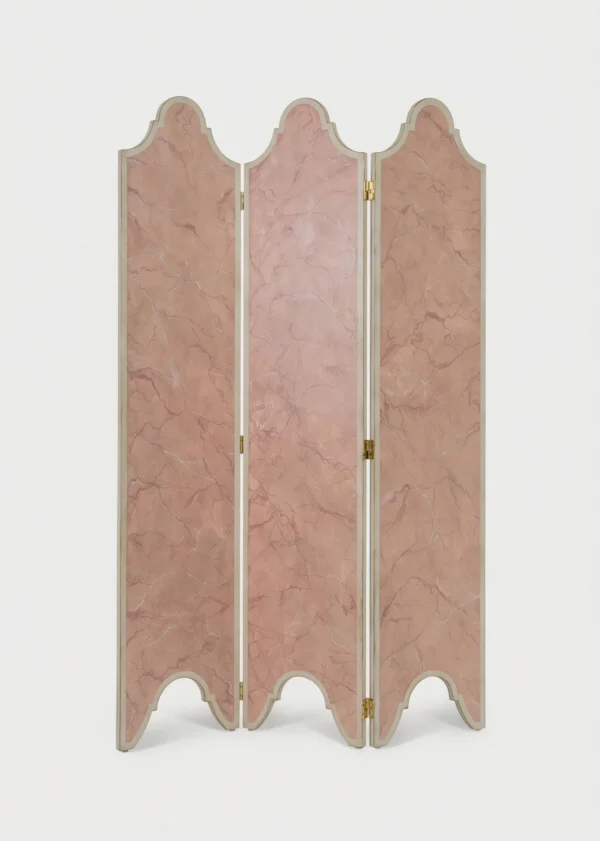 Herringbone Parchment Scalloped Folding Screen in sand — in a room setting