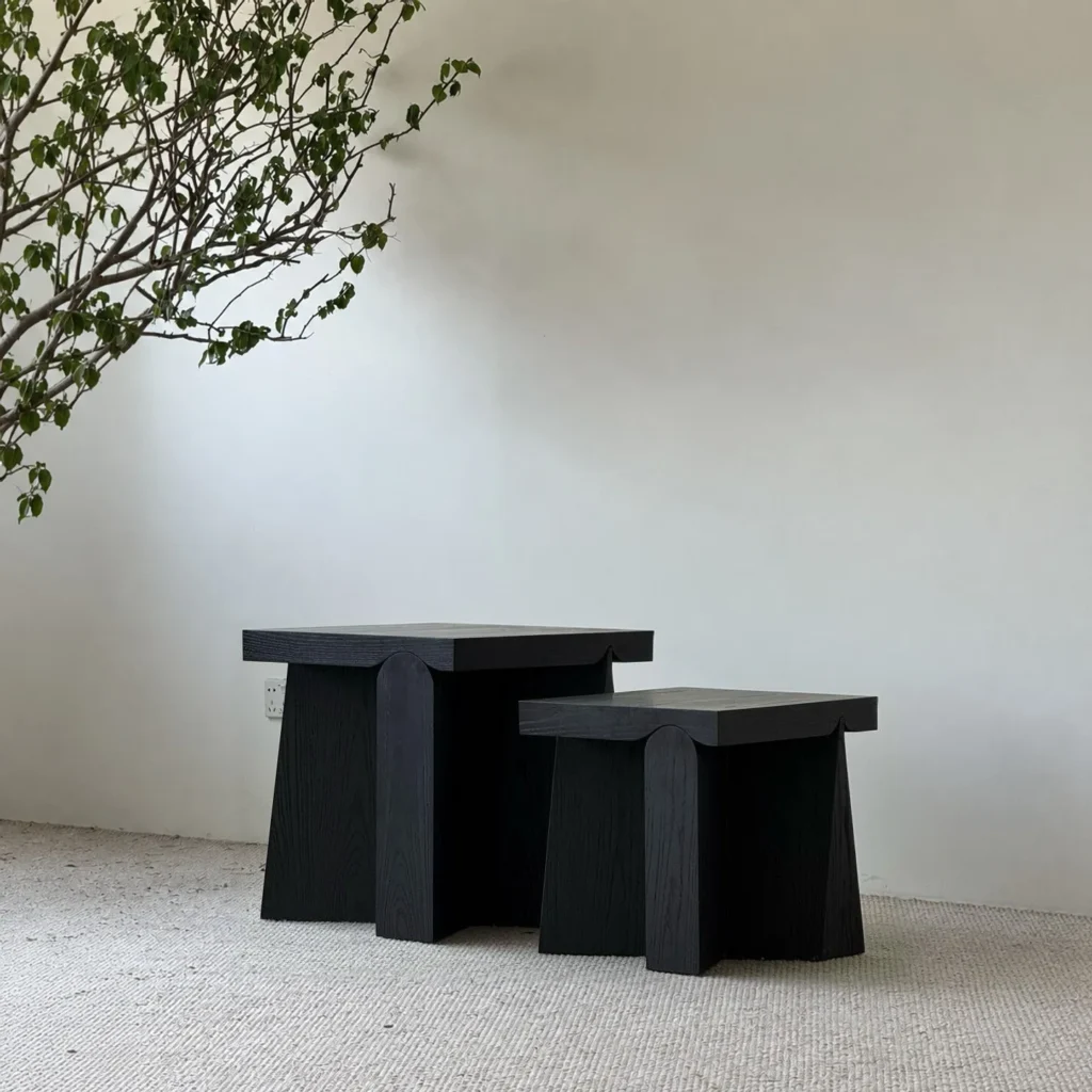 Mid-Century Black Wood Nesting Side Tables, 45 and 55 cm in black — front view