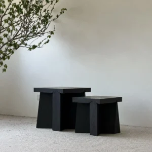 Mid-Century Black Wood Nesting Side Tables, 45 and 55 cm in black — front view