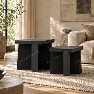 Mid-Century Black Wood Nesting Side Tables, 45 and 55 cm in black — in a room setting