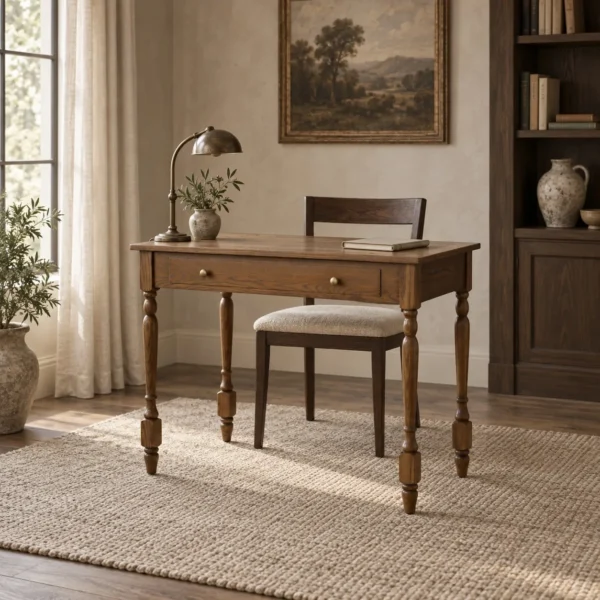 Small Ash Writing Desk with Turned Legs and Drawer, 100 cm in clay — in a room setting