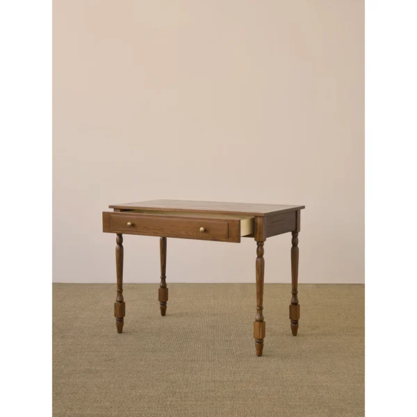 Small Ash Writing Desk with Turned Legs and Drawer, 100 cm in clay — in a room setting