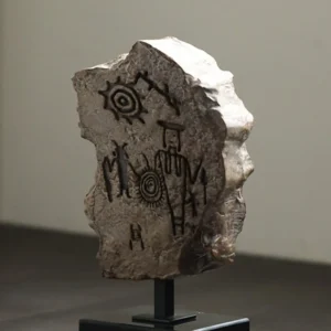 Roman Fresco Fragment Sculpture on Iron Stand in sand — front view