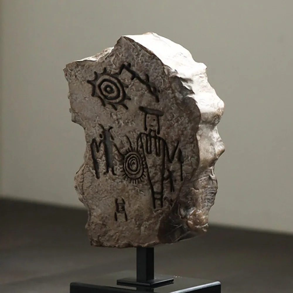 Roman Fresco Fragment Sculpture on Iron Stand in sand — front view