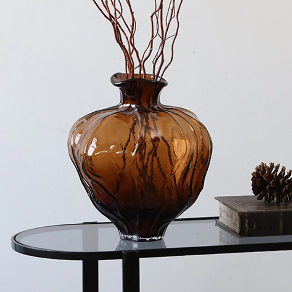 Amber Round-Belly Ribbed Glass Vase, Large or Small in clay — front view