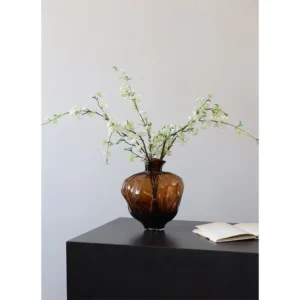 Amber Round-Belly Ribbed Glass Vase, Large or Small in clay — in a room setting