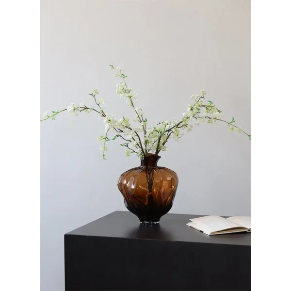 Amber Round-Belly Ribbed Glass Vase, Large or Small in clay — in a room setting