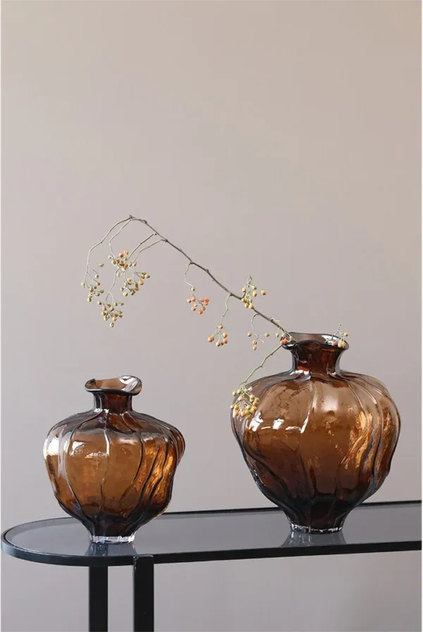 Amber Round-Belly Ribbed Glass Vase, Large or Small in clay — in a room setting
