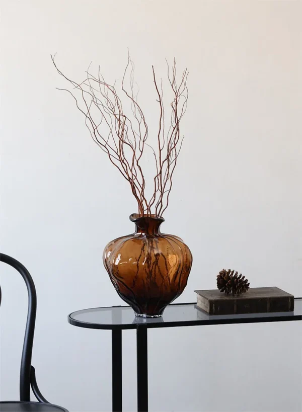 Amber Round-Belly Ribbed Glass Vase, Large or Small in clay — in a room setting