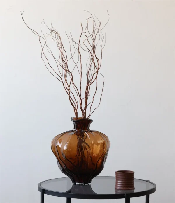 Amber Round-Belly Ribbed Glass Vase, Large or Small in clay — in a room setting
