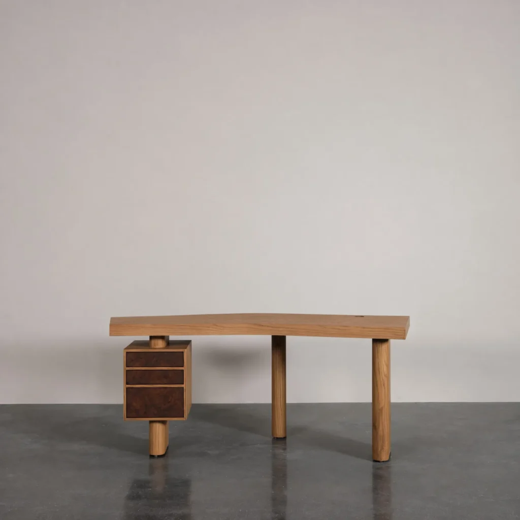 Asymmetric Ash Desk with Burl Drawers and Round Legs, 180 cm in natural oak — front view