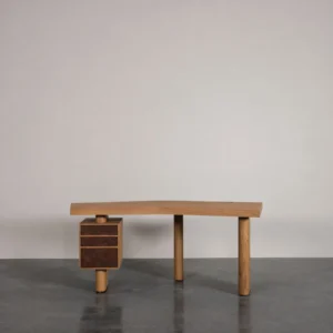 Asymmetric Ash Desk with Burl Drawers and Round Legs, 180 cm in natural oak — front view