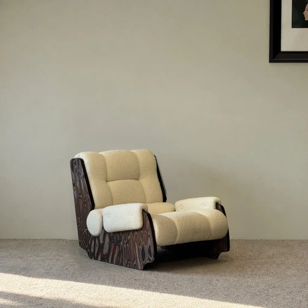 Mid-Century Shearling Lounge Chair on Art Veneer Frame in oatmeal — front view
