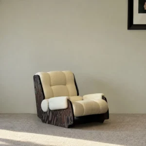 Mid-Century Shearling Lounge Chair on Art Veneer Frame in oatmeal — front view
