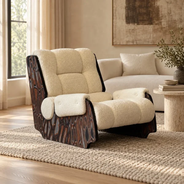 Mid-Century Shearling Lounge Chair on Art Veneer Frame in oatmeal — in a room setting