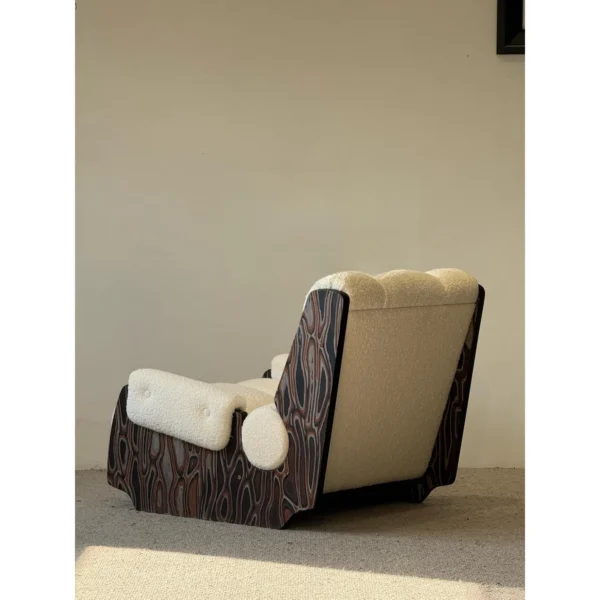Mid-Century Shearling Lounge Chair on Art Veneer Frame in oatmeal — in a room setting