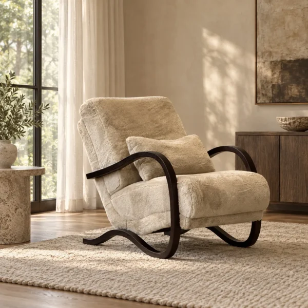 Mid-Century Bentwood Lounge Chair in Faux Shearling — in a room setting