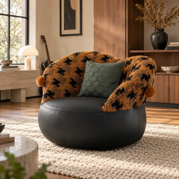 Mid-Century Houndstooth and Leather Round Lounge Chair in black — in a room setting