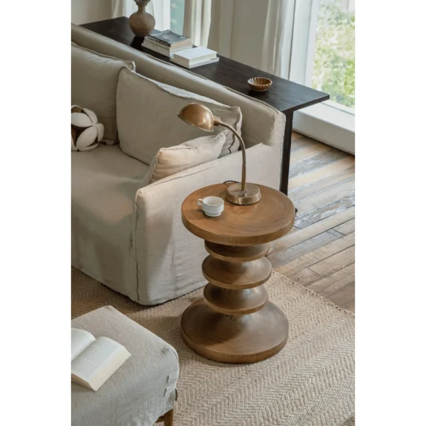 Mid-Century Stacked Disc Solid Wood Side Table in walnut — in a room setting