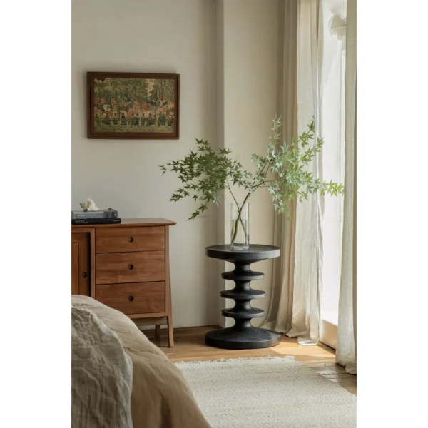 Mid-Century Stacked Disc Solid Wood Side Table in walnut — in a room setting
