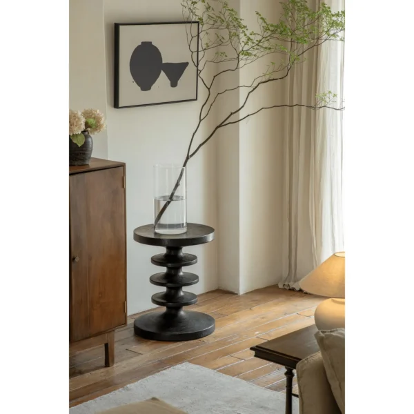 Mid-Century Stacked Disc Solid Wood Side Table in walnut — in a room setting