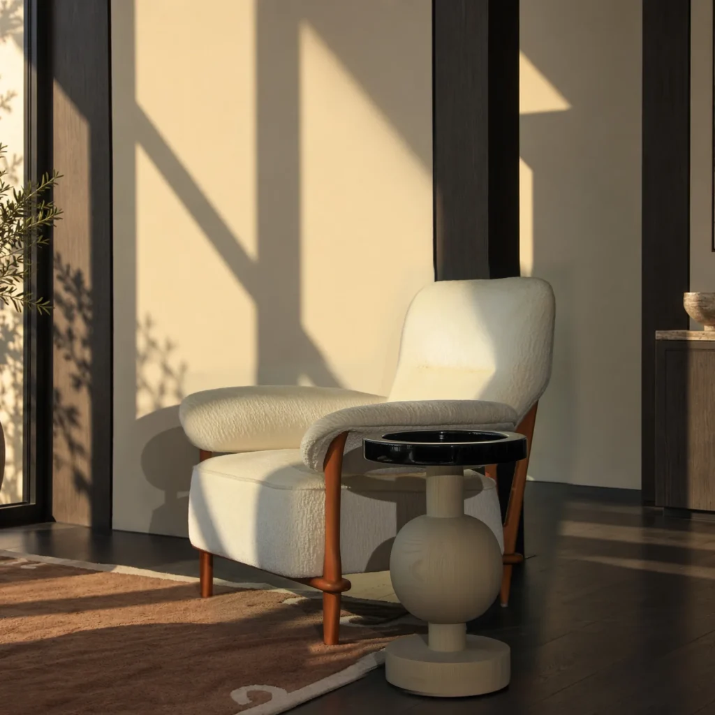 Mid-Century Bentwood Beech Lounge Chair in Cream Shearling — front view