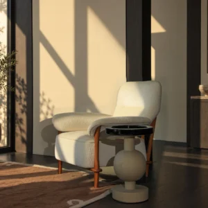 Mid-Century Bentwood Beech Lounge Chair in Cream Shearling — front view