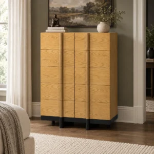 Mid-Century Ash Wood Tall Storage Cabinet in natural oak — front view
