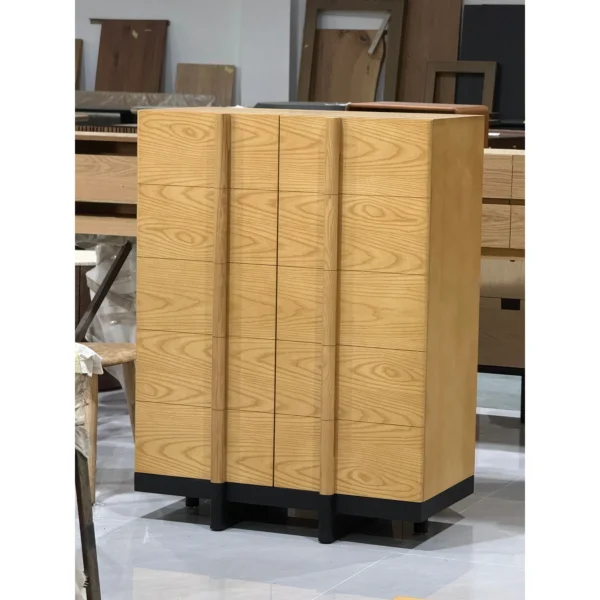 Mid-Century Ash Wood Tall Storage Cabinet in natural oak — in a room setting