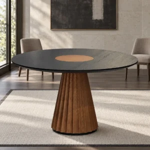 Mid-Century Round Dining Table in black — front view