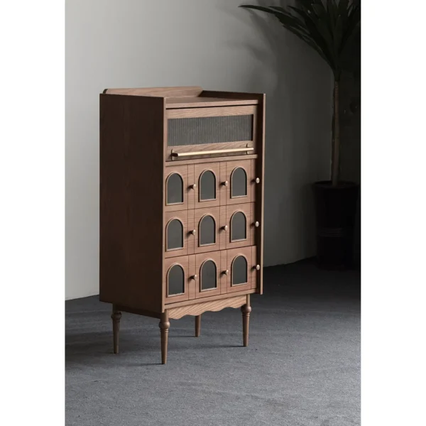 Mid-Century Tall Cabinet in clay — in a room setting