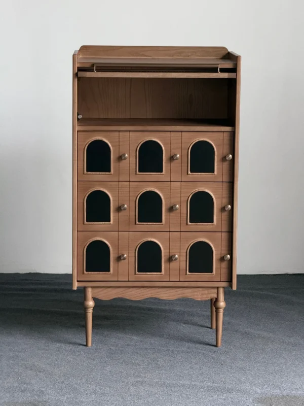 Mid-Century Tall Cabinet in clay — in a room setting