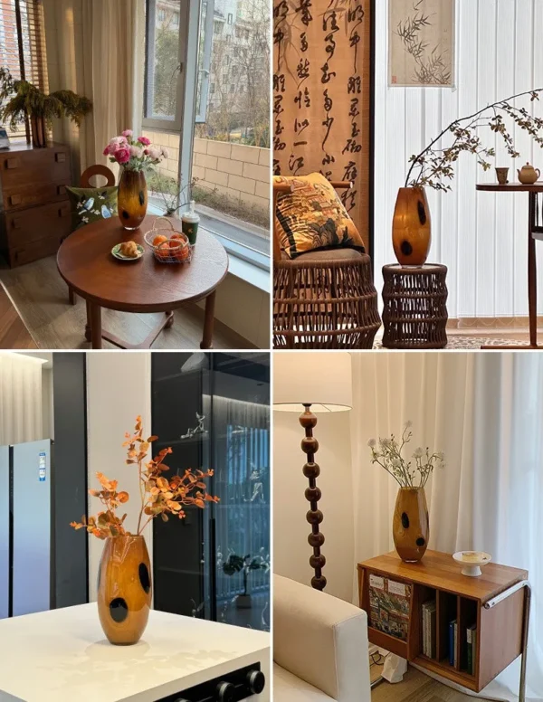 Designer Amber Speckled Glass Vases, Medium or Large in rust — in a room setting